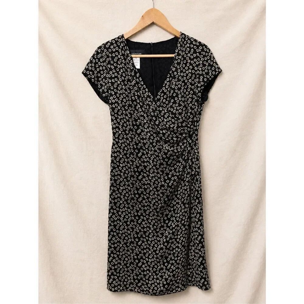 Jones New York Collection 100% Silk Wrap Dress 6 Black Ditsy Floral Midi Dres